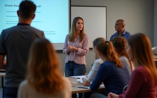 En grupp människor som deltar i ett utbildningsseminarium med en coach i förgrunden.